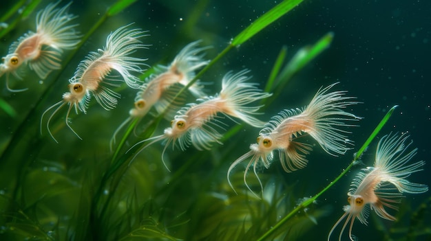 Foto un grupo de minúsculas criaturas de cola larga cuyos cuerpos están cubiertos de suave piel plumosa parecen ser un