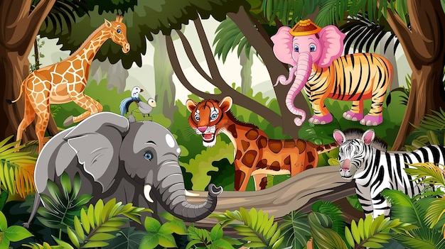 Grupo misto de animais selvagens na selva