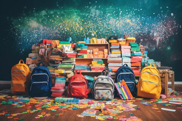 Un grupo de mochilas está frente a una pared con un fondo colorido.