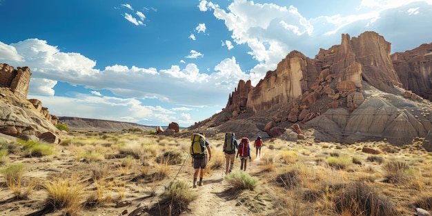 Un grupo de mochileros caminando a través de una escarpada tierra desértica