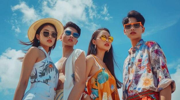 Grupo de modelos de moda asiáticas posando contra el fondo de nubes azules con ropa de verano AI Genera