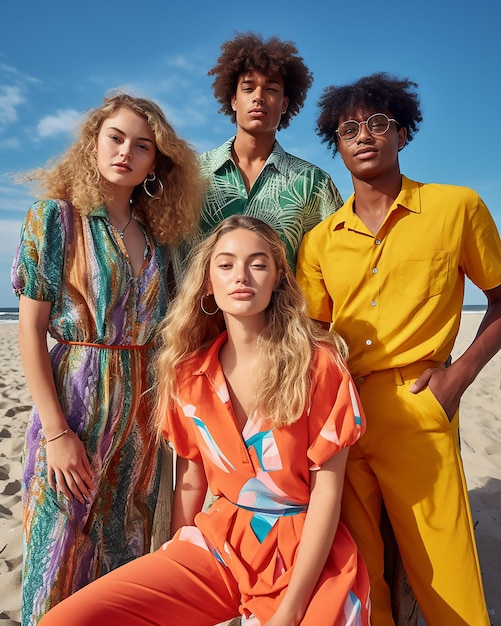 un grupo de modelos de moda de verano posando en la playa