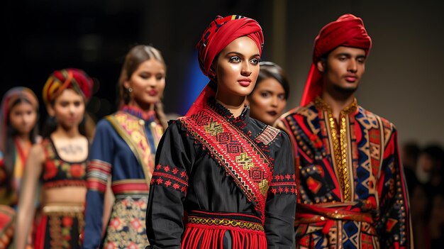 Un grupo de modelos con vestidos tradicionales bordados con cubiertas de cabeza rojas caminan por la pista en un desfile de moda