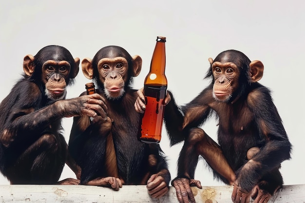 Foto grupo de monos borrachos con botellas de cerveza aislados sobre un fondo blanco sólido