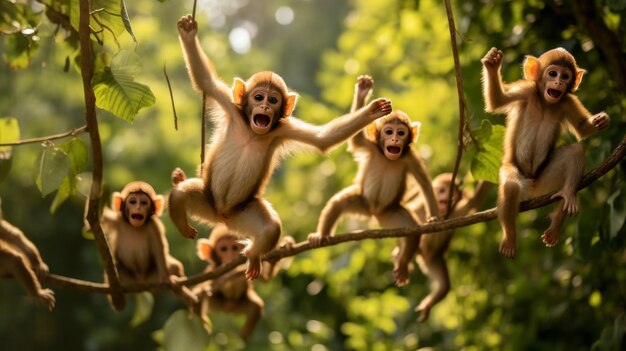 Un grupo de monos graciosamente sentado en la cima de una rama de un árbol disfrutando de la altura y la vista