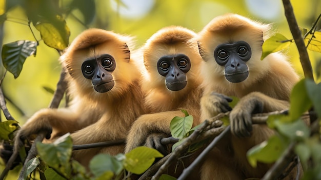 Un grupo de monos posados en las ramas más altas de un árbol