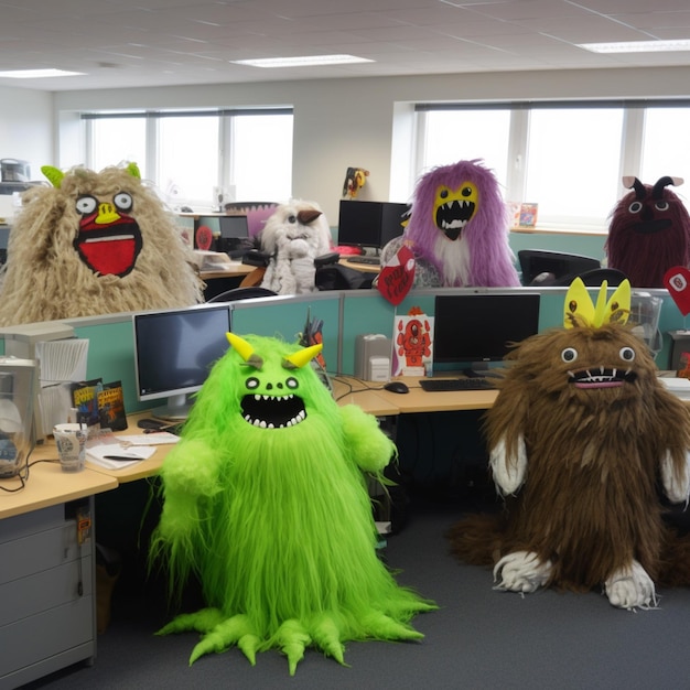 Foto un grupo de monstruos está parado en un cubículo de oficina.