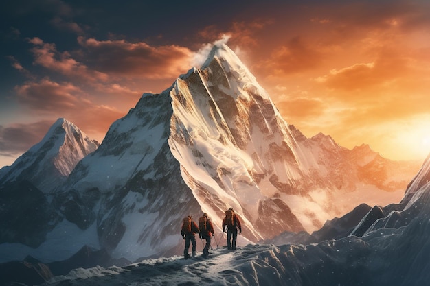 un grupo de montañeros Múltiples escaladores alpinos altos frente a una montaña gigantesca
