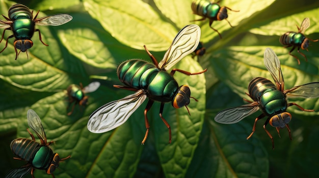 Grupo de moscas que se posan en hojas verdes en la naturaleza