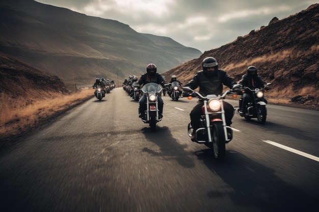 Foto grupo de motociclistas en motocicletas en un paseo grupal generado por ia