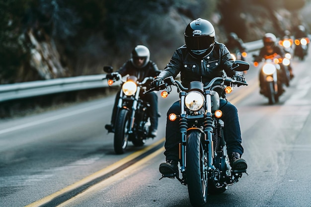 Grupo de motociclistas en negro en la carretera