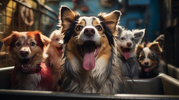 Grupo de muchos perros caminando por la ciudad