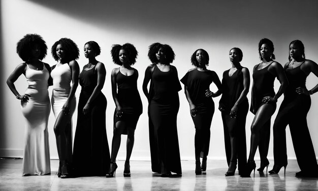 Grupo de mujeres afroamericanas posando en un estudio de fotografía de moda.