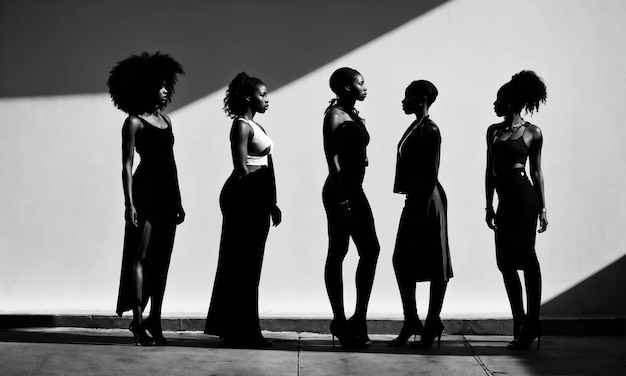 Grupo de mujeres afroamericanas posando en un estudio de fotografía de moda.