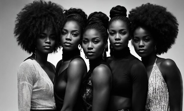 Grupo de mujeres afroamericanas posando en un estudio de fotografía de moda.