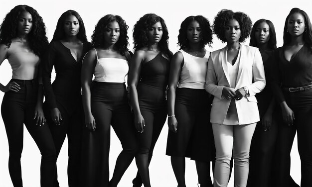 Grupo de mujeres afroamericanas posando en un estudio de fotografía de moda.