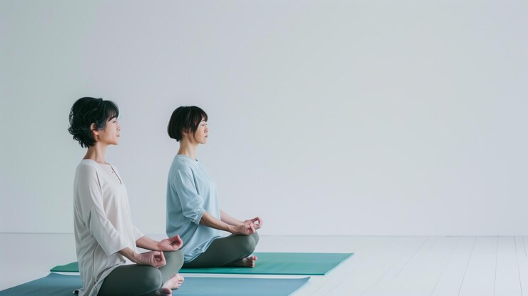 Un grupo de mujeres asiáticas sentadas haciendo yoga meditando y haciendo ejercicios