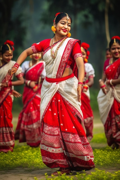 Un grupo de mujeres con atuendo tradicional baila en un campo.