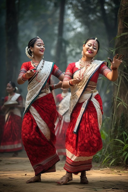 Un grupo de mujeres con atuendos tradicionales bailan en un bosque.