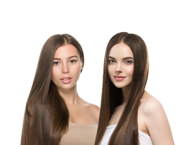 Grupo de mujeres de cabello hermoso concepto de belleza mujer con peinado largo de diferente color y moda aislado en blanco. Modelo de cabello rubio y morena rizado y suave. Tiro del estudio.