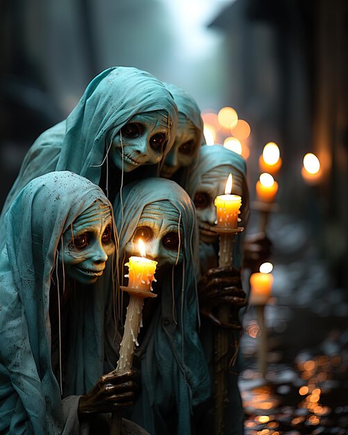 un grupo de mujeres con cabello largo y una vela en el medio