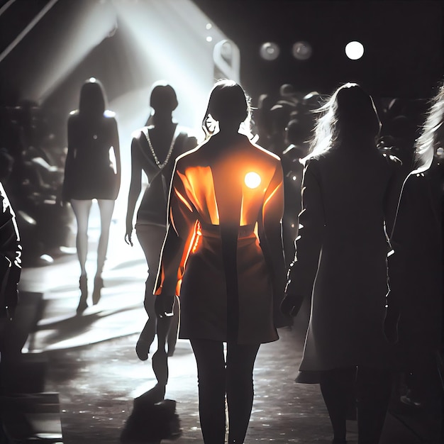 Un grupo de mujeres caminando por una pista de noche