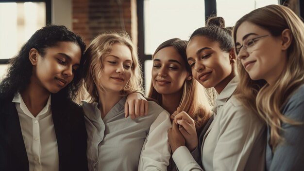 Un grupo de mujeres con camisas blancas se unen y sonríen a la cámara.