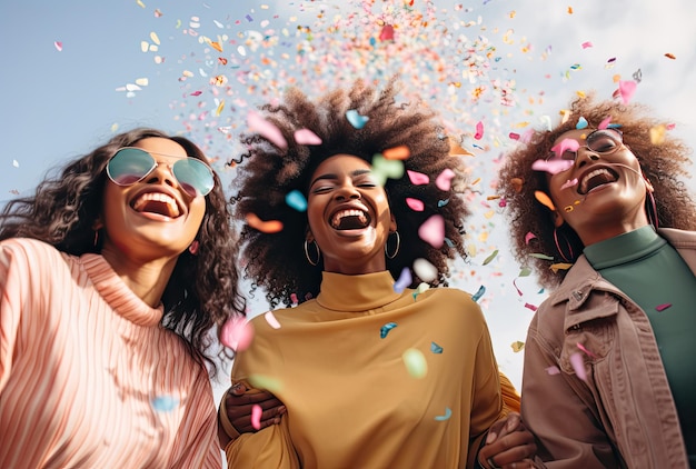 Un grupo de mujeres celebrando bajo una lluvia de confeti.