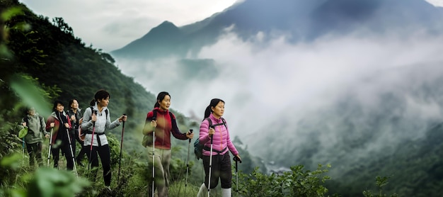 Foto un grupo de mujeres chinas de mediana edad van de excursión en las montañas con palos de senderismo nórdicos que acaba de