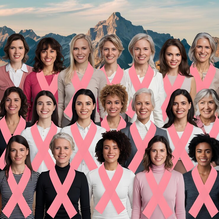un grupo de mujeres con una cinta rosa que dice cáncer de mama