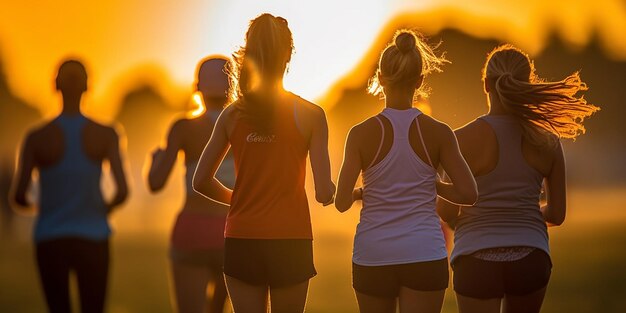 un grupo de mujeres corriendo en un campo con el sol detrás de ellas