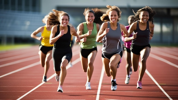 un grupo de mujeres corriendo en una pista con las palabras "mujeres" en el lado