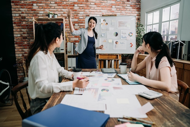 grupo de mujeres creativas haciendo una reunión de lluvia de ideas en un estudio moderno. tres colegas mujeres en la sala de juntas discutiendo el proyecto. señora gerente embarazada de pie en la pizarra blanca dar presentación