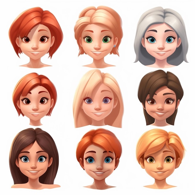 un grupo de mujeres de dibujos animados con diferentes colores de cabello y ojos azules generativa ai