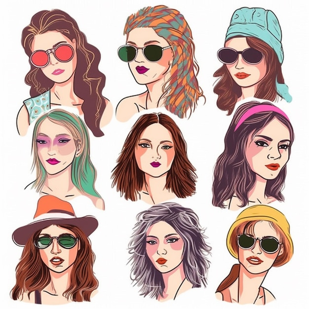 Foto un grupo de mujeres con diferentes colores de cabello y gafas de sol generativa ai