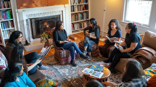 Foto un grupo de mujeres diversas están sentadas en círculo en una acogedora sala de estar leyendo libros y discutiéndolos