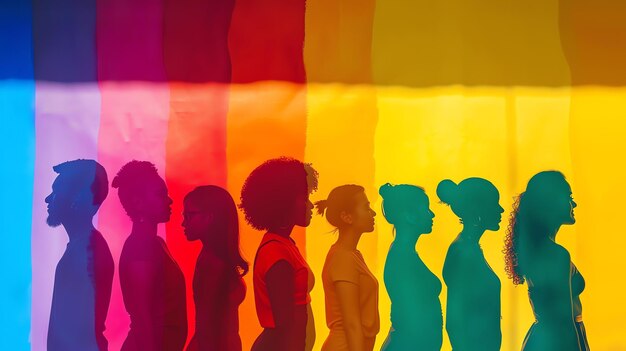 Un grupo de mujeres diversas de pie en una fila contra un fondo colorido Las mujeres son de diferentes razas etnias y edades
