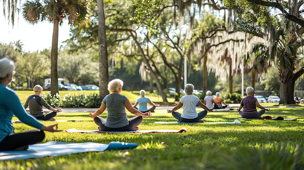 Un grupo de mujeres diversas practican yoga en un parque. Todas llevan ropa cómoda y están sentadas en esteras de yoga.