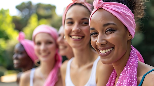 Un grupo de mujeres diversas que llevan bandas rosadas en la cabeza sonríen y posan para una foto están de pie en un parque con árboles en el fondo