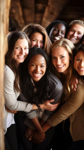 Un grupo de mujeres diversas sonriendo y abrazándose