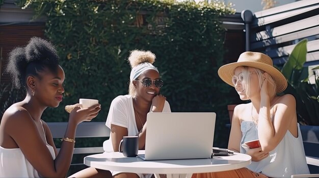 Grupo de mujeres diversas en el trabajo en la terraza.