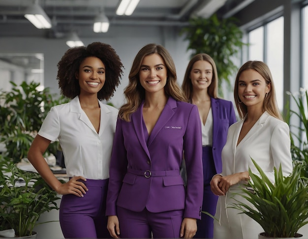 Foto grupo de mujeres empoderadas sonriendo vestidas de púrpura en un entorno de trabajo