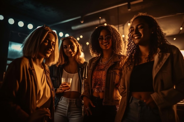 Un grupo de mujeres está de pie en una habitación oscura con las luces encendidas.