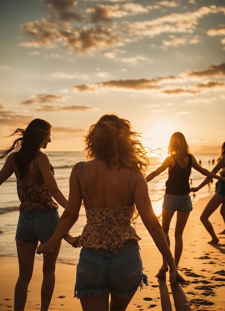 un grupo de mujeres están caminando por la playa al atardecer