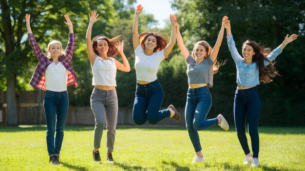 Foto un grupo de mujeres están haciendo un salto en la hierba