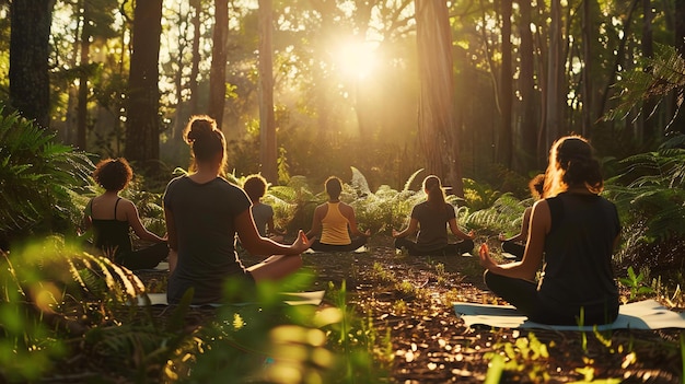 Un grupo de mujeres están meditando en un bosque, todas están sentadas en círculo con los ojos cerrados.