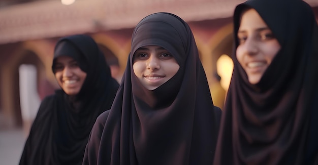 Un grupo de mujeres están de pie en una fila, una de ellas lleva un hiyab negro.