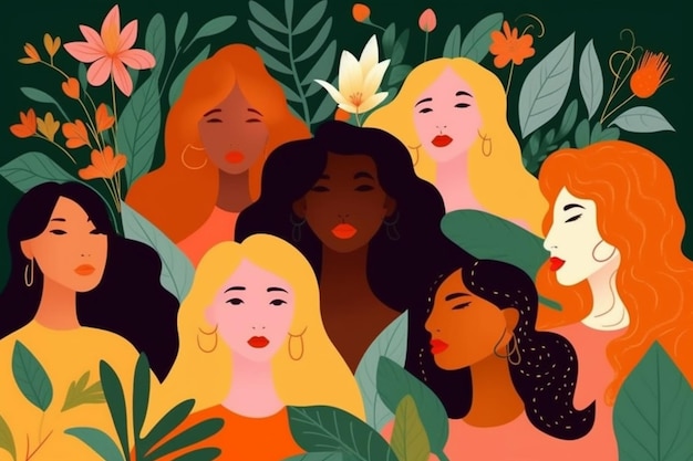 Un grupo de mujeres con flores y hojas en el fondo generativo ai