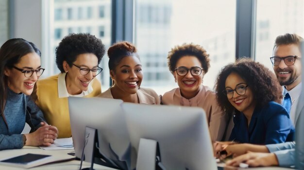 grupo de mujeres frente a una pantalla de computadora con las palabras feliz y feliz