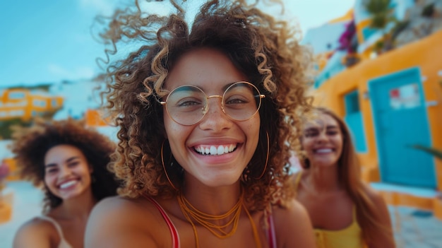 Grupo de mujeres con gafas de sol y sonrientes